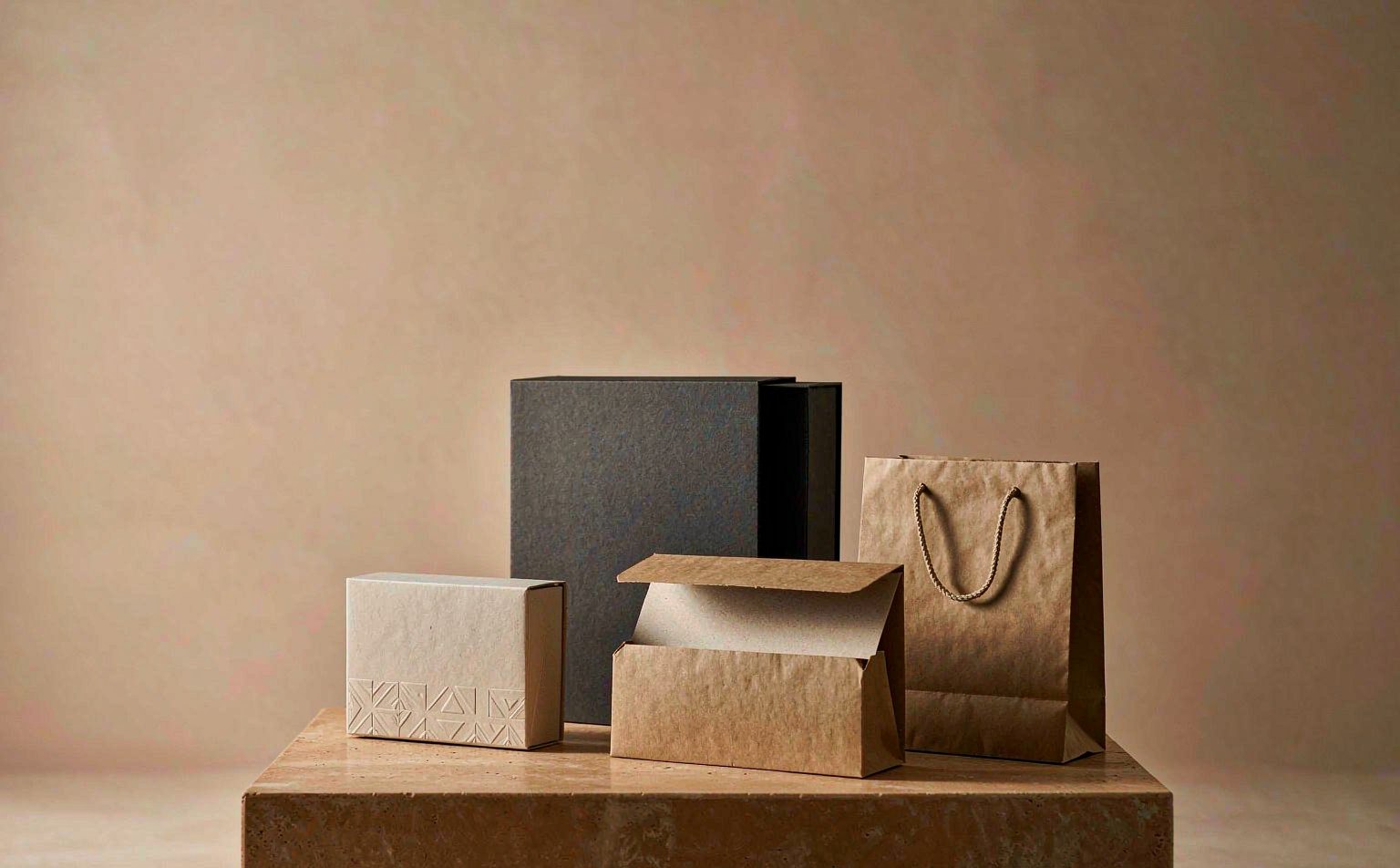 Rigid box, kraft corrugated mailer, printed folding carton and paper bag arranged on a limestone plinth